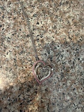 Silver Heart 'Mom' Pendant Necklace with Pink Stones